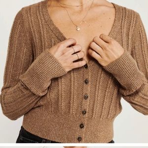 Camel Brown Cropped Cable Knit Cardigan Sweater